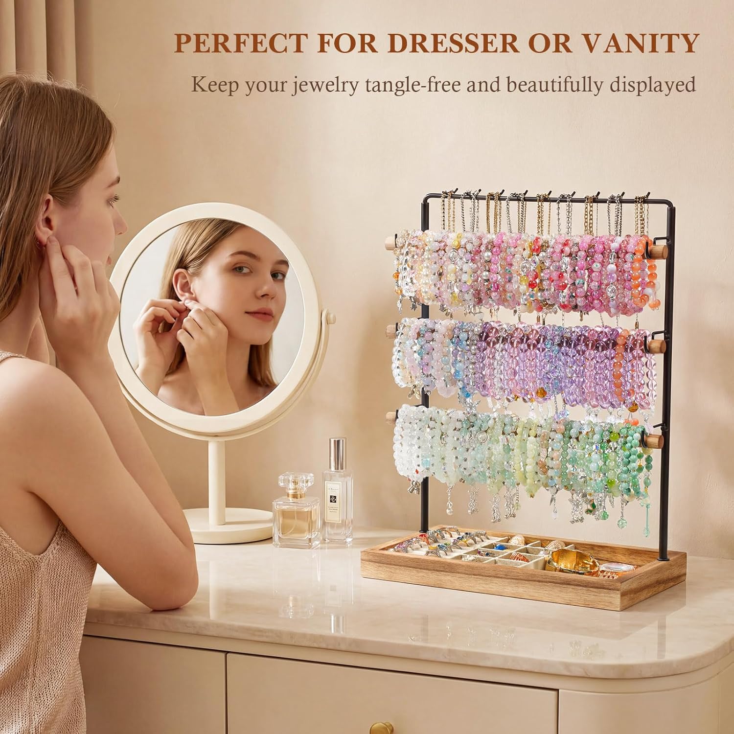 Emfogo Jewelry Organizer Stand, 5 Layer Wood & Metal Bracelet Holder with Necklace Holder Pole, Large Capacity Jewelry Display Holder for Bracelets Necklaces Rings Watches Scrunchies (Rustic Brown)