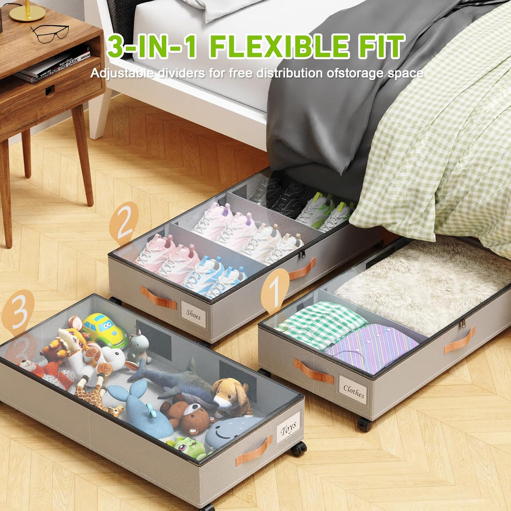 Under Bed Storage with Wheels, 1 Pack Under Bed Storage Container with Dividers & Clear Lids, Under the bed storage Organizer Bins,Underbed Storage with Wheels for Clothes,Toys,Shoes (GREY, 1 Pack)