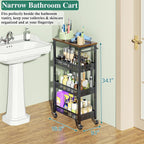 Utility Slim Storage Cart, 4-Tier Narrow Bathroom Organizer and Storage Cart, Metal Narrow Kitchen Laundry Room Organization Rack with Wood Top, Slim Rolling Shelf with Wheels for Small Space