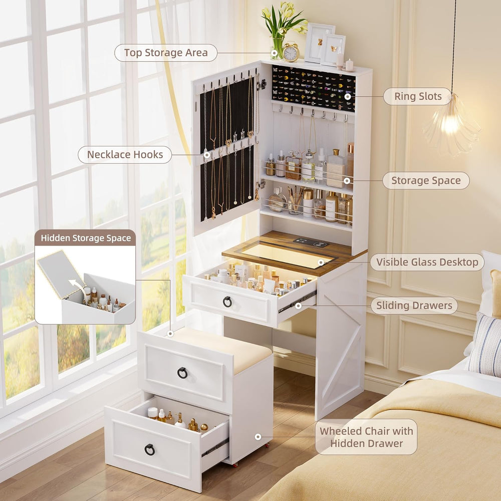 HNEBC 58" H Vanity Desk - with 3-Color Lights and Mirror,4-in-1 Compact ...