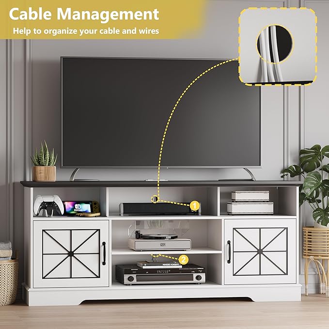 Farmhouse TV Stand for 65/60/55 Inch Tvs, Rustic Entertainment Center with LED Lights and Power Outlets, Modern Media Console Table, Wood Television Furniture for Living Room, Bedroom, White