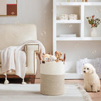 VIPOSCO Small Laundry Basket, Slim Baby Hamper with Leather Handle, Cute Woven Rope Storage Basket for Blanket, Kids Toy, Clothes In Living Room, Bathroom, Bedroom, Nursery Room - 30L White & Brown