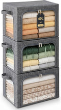 GoMaihe 3 Opening Clothes Storage Bins with Metal Frame 3 Pack 40L Grey | Sweaters Hoodies Towel T-Shirt, Closet Top Shelf Linen Closet Organizer, Stackable Collapse-Proof, Clear Window, Dual Access