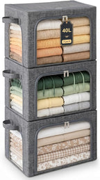 GoMaihe 3 Opening Clothes Storage Bins with Metal Frame 3 Pack 40L Grey | Sweaters Hoodies Towel T-Shirt, Closet Top Shelf Linen Closet Organizer, Stackable Collapse-Proof, Clear Window, Dual Access