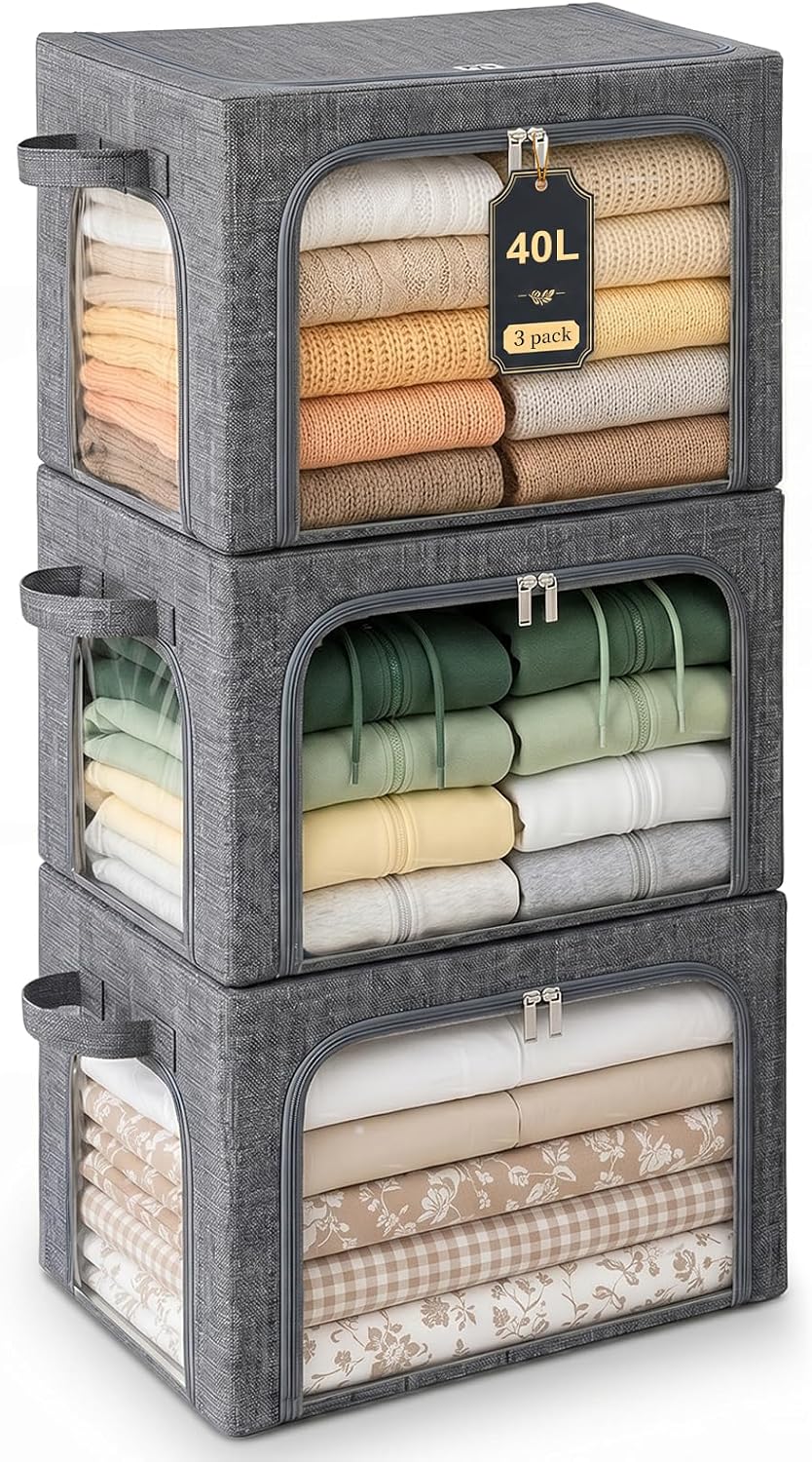 GoMaihe 3 Opening Clothes Storage Bins with Metal Frame 3 Pack 40L Grey | Sweaters Hoodies Towel T-Shirt, Closet Top Shelf Linen Closet Organizer, Stackable Collapse-Proof, Clear Window, Dual Access