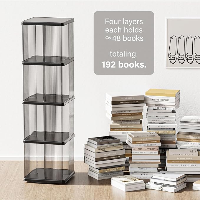 4 Tier Rotating Bookshelf, Small Corner Bookshelf for Small Space, 360 Display Floor Standing Bookcase, Lazy Susan Plastic Narrow Book Organizer Shelf for Bedroom, Living Room, Rectangular