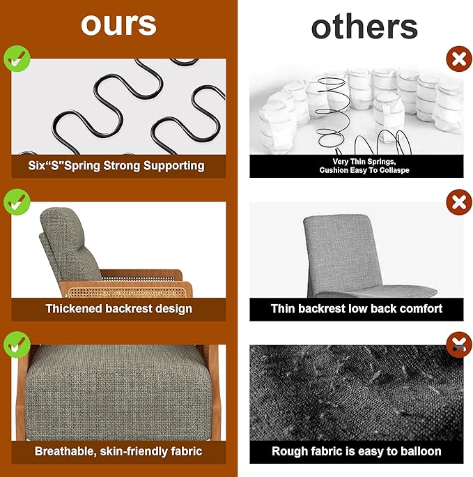 WENTMENT Modern Accent Chair, Armchair with Natural Rattan Armrest, Upholstered Living Room Chair Comfy Single Sofa Chair for Hosting Room/Bedroom, Grey