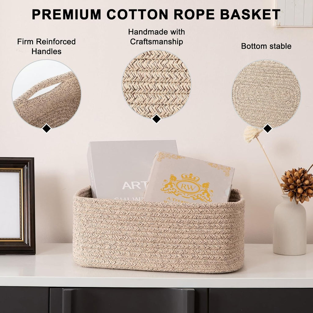 4 Pack Small Storage Shelf Baskets for Organizing, Mini Woven Rope Storage Bins for Towels, Cute Decorative Closet Organizer，Baby Nursery, Gift Empty Baskets -13.78''Lx9.84''Wx5.51''H-Brown