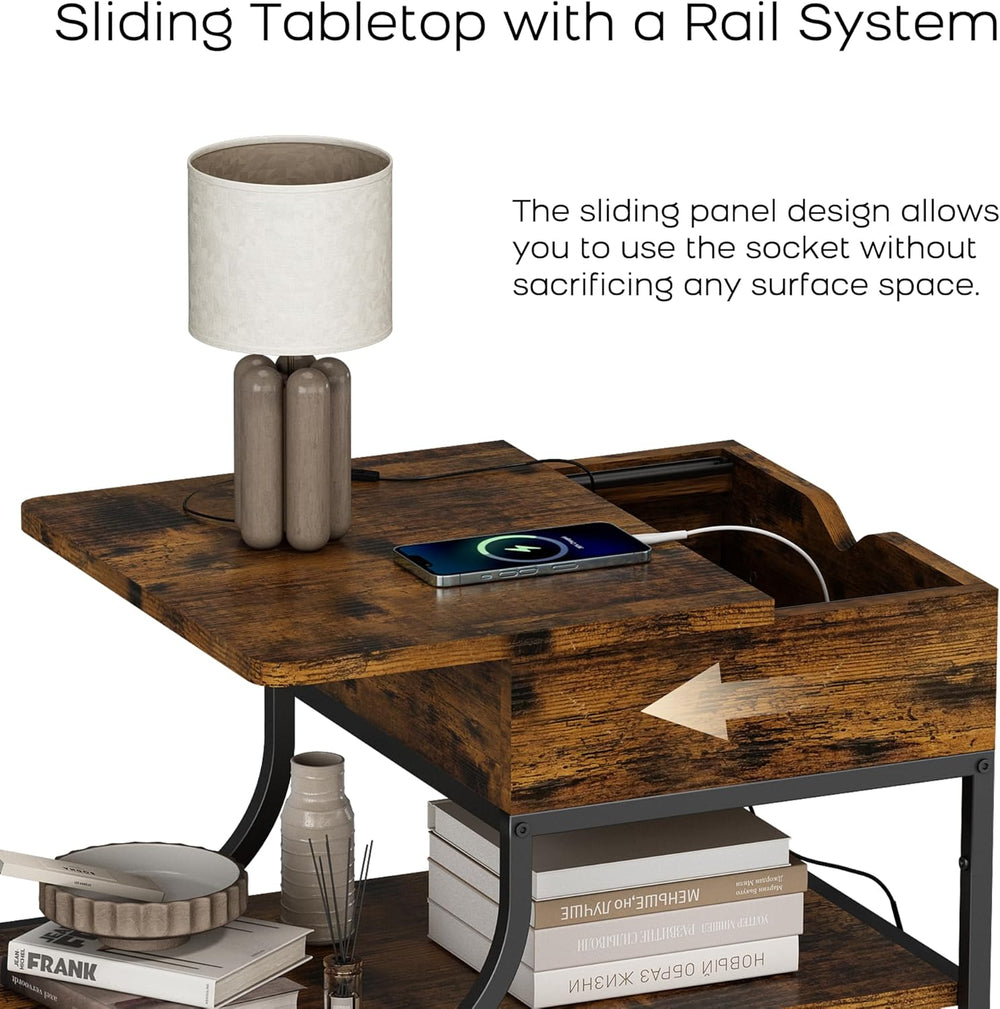 End Table with Charging Station, 3-Tier Sofa Side Table Sliding Top for Livin...