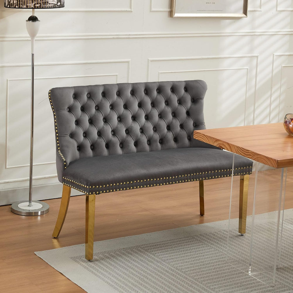 Velvet Upholstered Dining Bench with Back, 45.6'' Tufted Loveseat Ben...