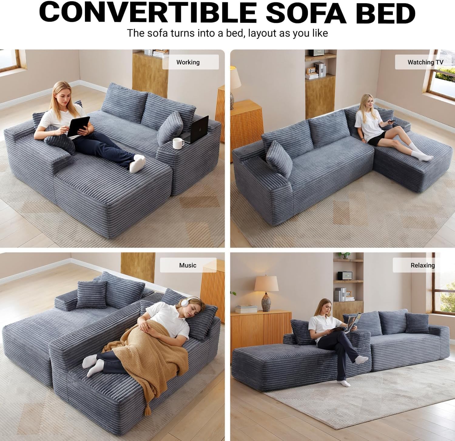 Cloud Sectional Couch, 108 Inch Modern Modular Sectional Sofa with Deep Seat, Corduroy Boneless Couches with L-Shape Right Chaise for Living Room Bedroom, No Assembly Required(Grey)