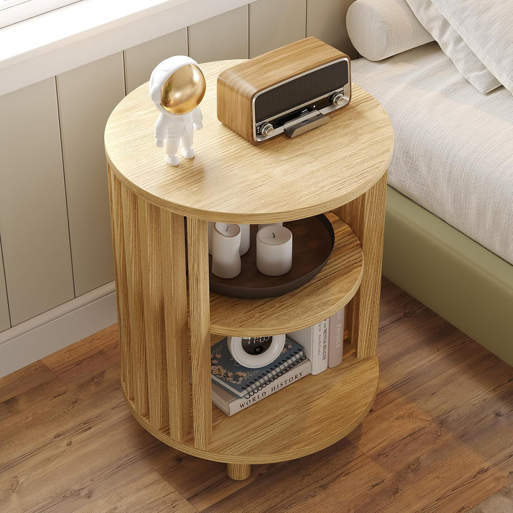 Round End Table, Wood Side Tables, Mid Century Modern Nightstand with 2 Tier ...