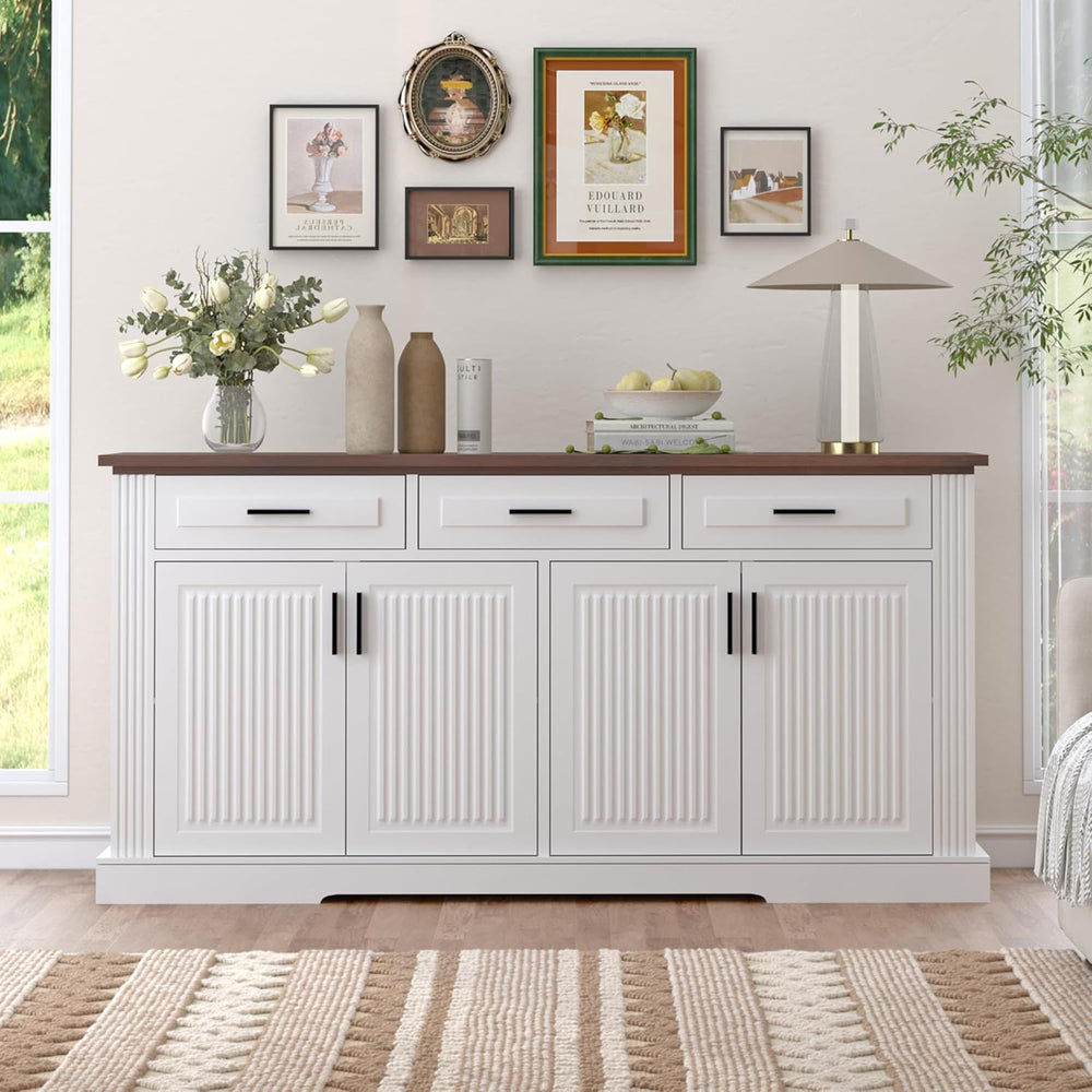 Modern Freestanding Storage Cabinet with Drawers Shelves and Countertop, Buff...