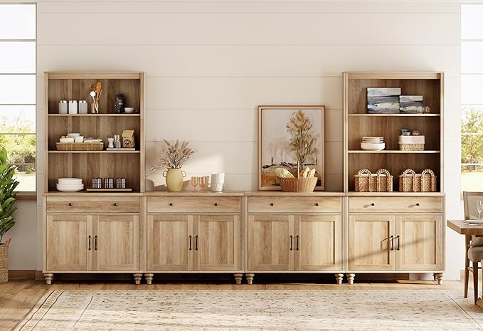 WAMPAT Entertainment Center with Bookshelves for TVs up to 75", Farmhouse Wall Unit TV Stand with 8 Doors & 4 Drawer, Media Console Table for Living Room, Bedroom & Home Theater, Oak