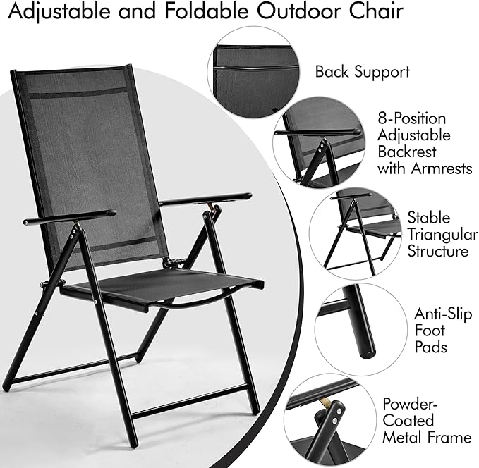 Yaheetech Patio Folding Dining Chairs Set of 2, Stackable Outdoor Lawn Chairs with 8 Adjustable Back Positions and Armrest for Garden, Lawn, Yard and Beach, Black