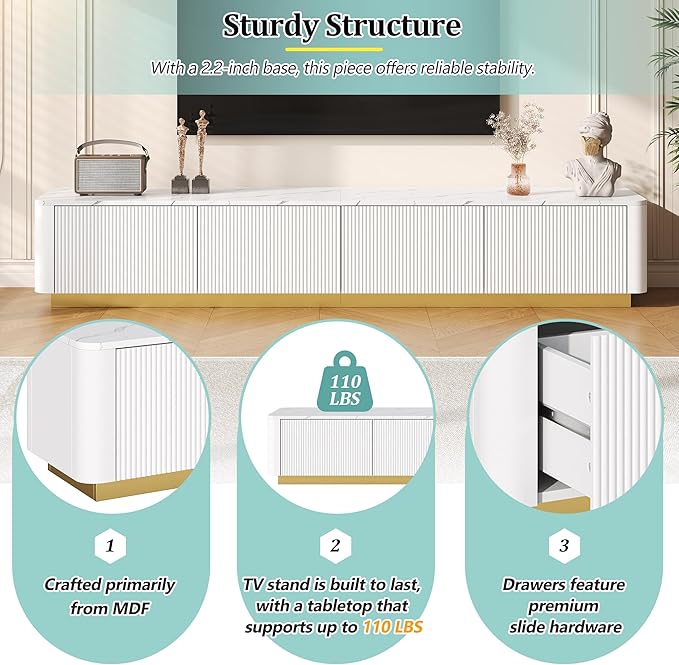 Ball & Cast Luxury Fluted TV Stand with 4 Drawers for TVs up to 85", Modern Media Console w/Faux Marble Tabletop and Gold Base, Curved Profile Design,Entertainment Center for Living Room,White