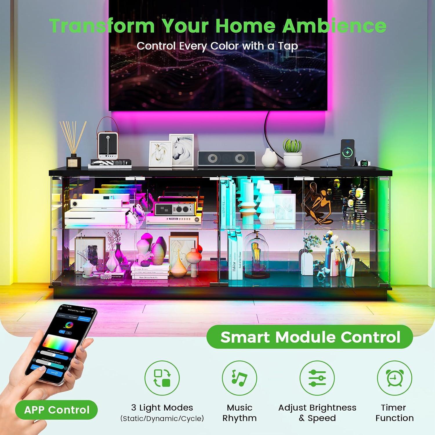 HNEBC Living Room Set, Industrial Coffee Table and TV Stand,2PCS Black | RGB Lights,Charging Station,USB-C,Wireless,2 AC Outlet,Motion-Sensor Lights,Glass doors