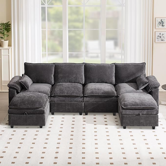 130" U Shaped Modular Sectional Sofa, Couch with Ottoman Storage, Chenille Cloud Couch with Plush Deep Seating for Living Room, Bedroom (Grey, 9 Seat)