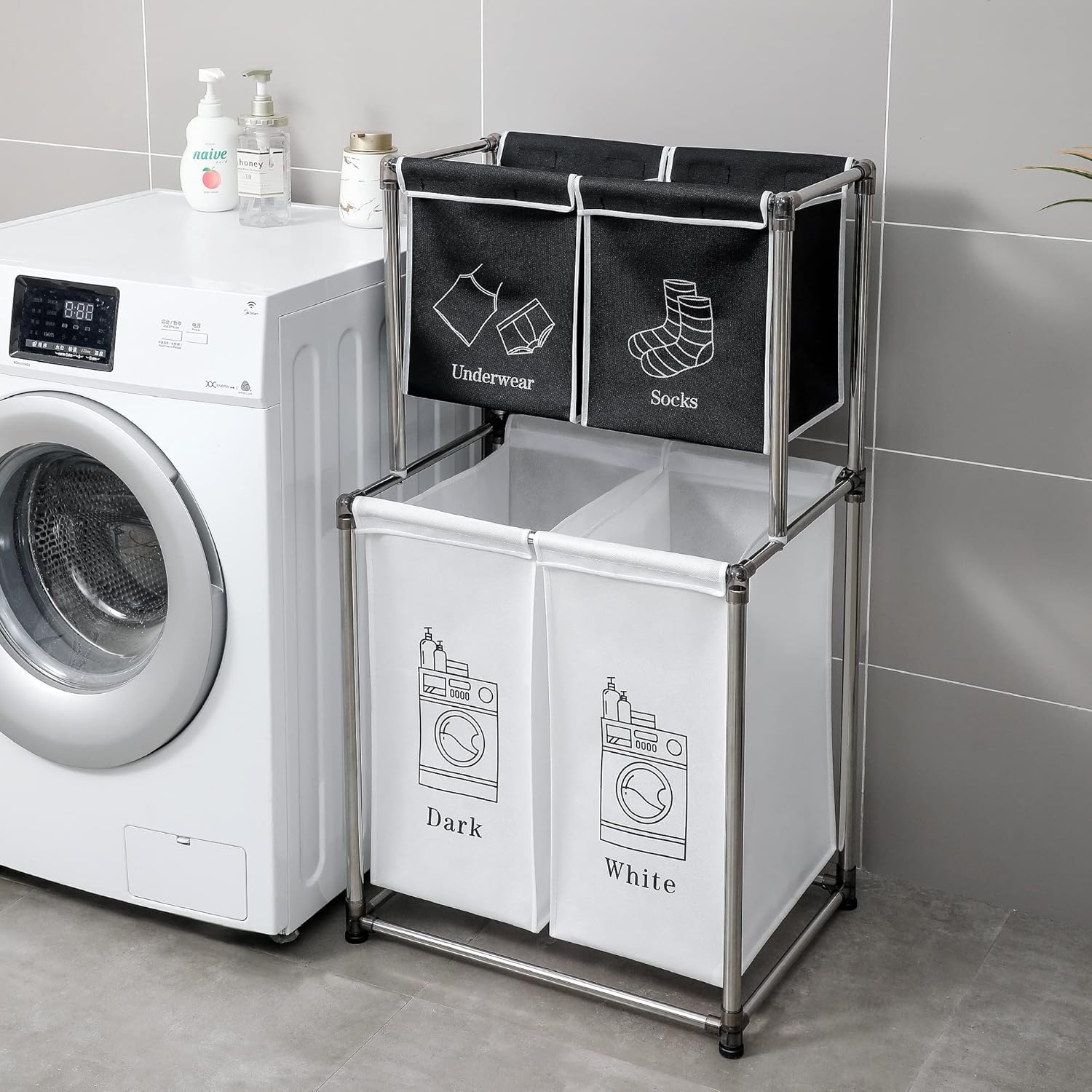 2 Tier Laundry Sorter with 4 Removable Bags for Organizing Clothes - Large Freestanding Laundry Hamper - Laundry Basket for Dirty Clothes in Laundry Room