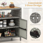 RELAX4LIFE Wicker Outdoor Bar Cabinet - PE Rattan Patio Bar Table w/Acacia Wood Countertop, Open Shelf & 2 Doors, Buffet Sideboard Organizer for Garden Backyard Pool, Outside Storage Cabinet (Grey)