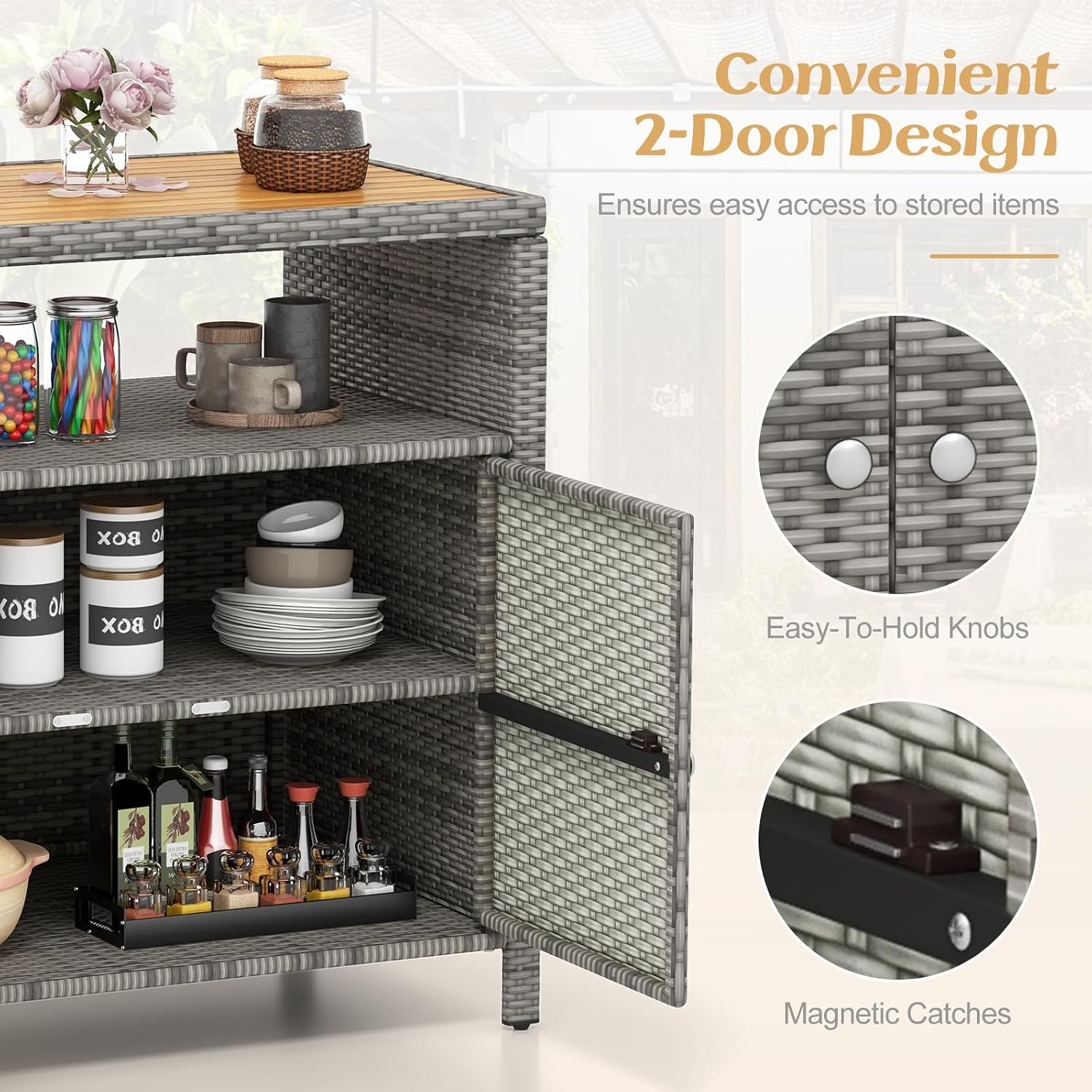 RELAX4LIFE Wicker Outdoor Bar Cabinet - PE Rattan Patio Bar Table w/Acacia Wood Countertop, Open Shelf & 2 Doors, Buffet Sideboard Organizer for Garden Backyard Pool, Outside Storage Cabinet (Grey)