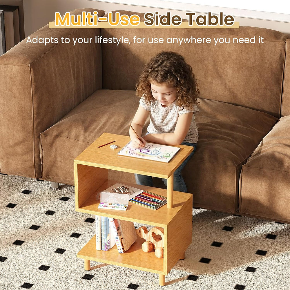 Apicizon S-Shaped Side Table, 3-Tier Nightstand with Solid Wood Legs, Slim Be...