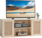 LEYAOYAO Rattan TV Stands for Living Room, Boho TV Cabinet with Storage and Open Shelf, Rustic Wood Entertainment Center, Media Console for 50-65 Inch TV, Light Wood