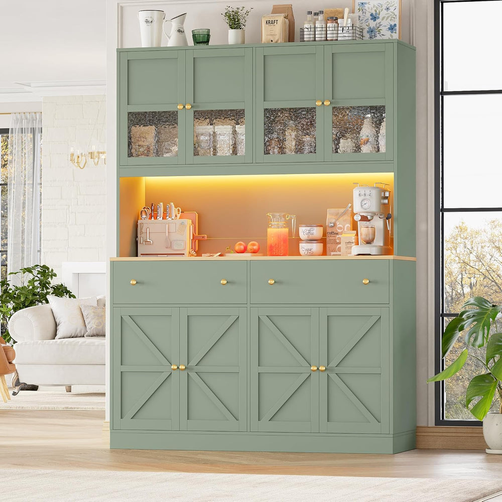 FINETONES 71" Pantry Cabinet with LED Light and Charging Station, Farmho...