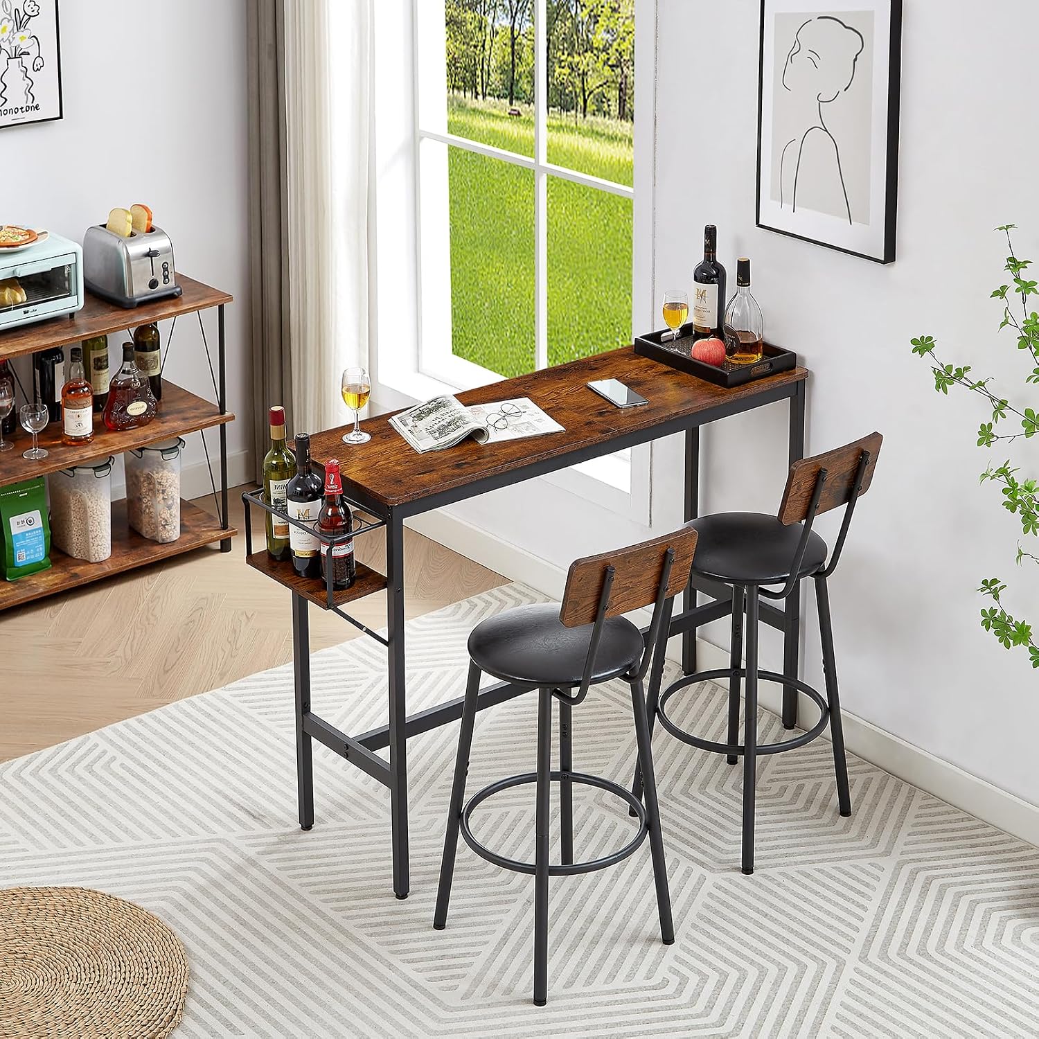 Bar Table Set with Wine Bottle Storage Rack. Rustic Brown,47.24'' L x 15.75'' W x 35.43'' H, One Size