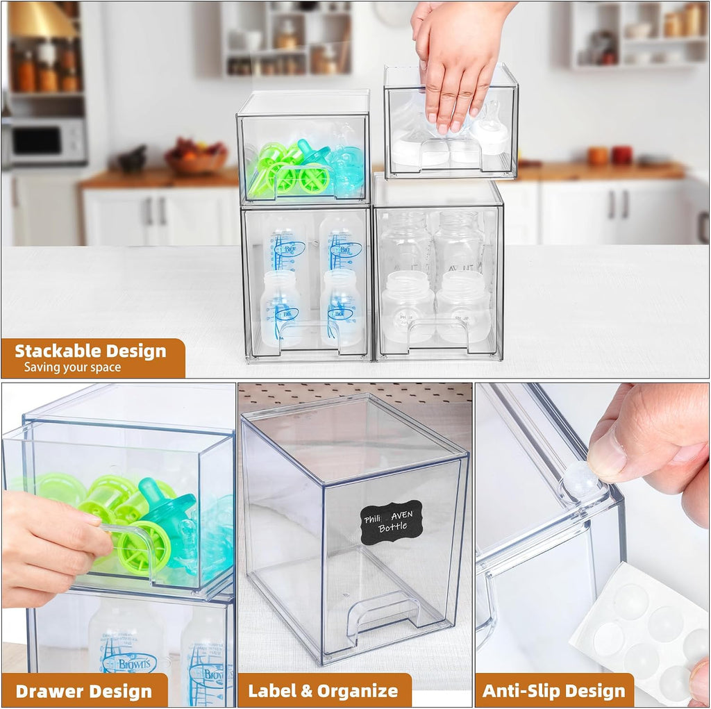 Baby Bottle Organizer, Stackable Storage Drawers with Label, Clear Station Organizers Container for Pacifiers, Pump Parts, Desk Organizer Bins for Bathroom, Cabinet, Pantry, Vanity, Countertop, 4 Pack