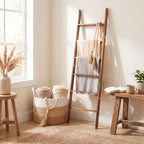 Novabright 3 Pcs Farmhouse Living Room Decoration Set with 5.6 Ft Wooden Blanket Ladder 20 x 13 Inches Large Woven Blanket Basket 58 Inches Wood Bead Garland with Tassels for Bedroom Home Decor