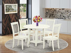 East West Furniture SUDA5-LWH-W 5 Piece Dining Room Furniture Set Includes a Round Kitchen Table with Dropleaf & Shelves and 4 Dining Chairs, 42x42 Inch, Linen White