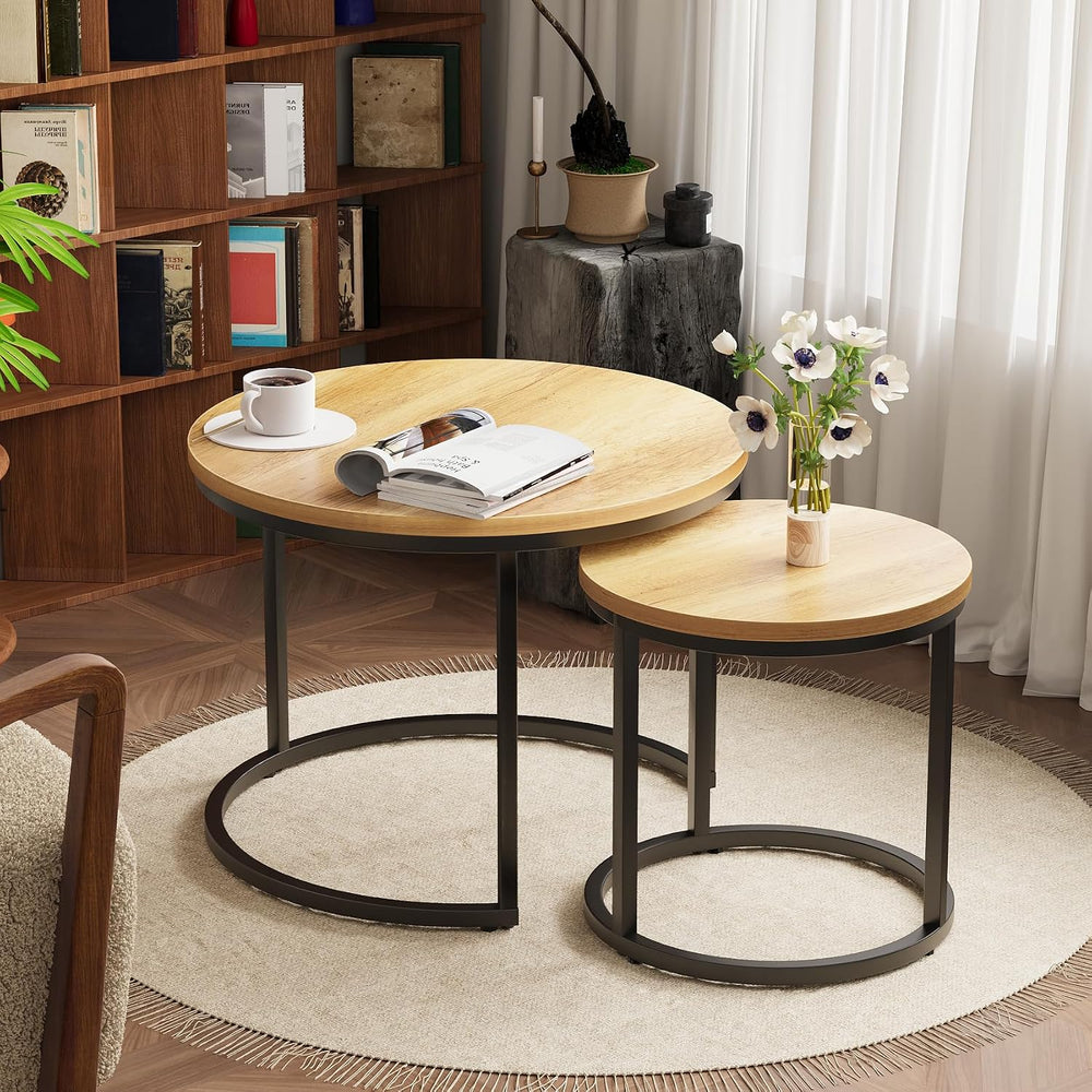Smuxee Nesting Coffee Table Set of 2, 23.6" Round Coffee Table Brown Woo...