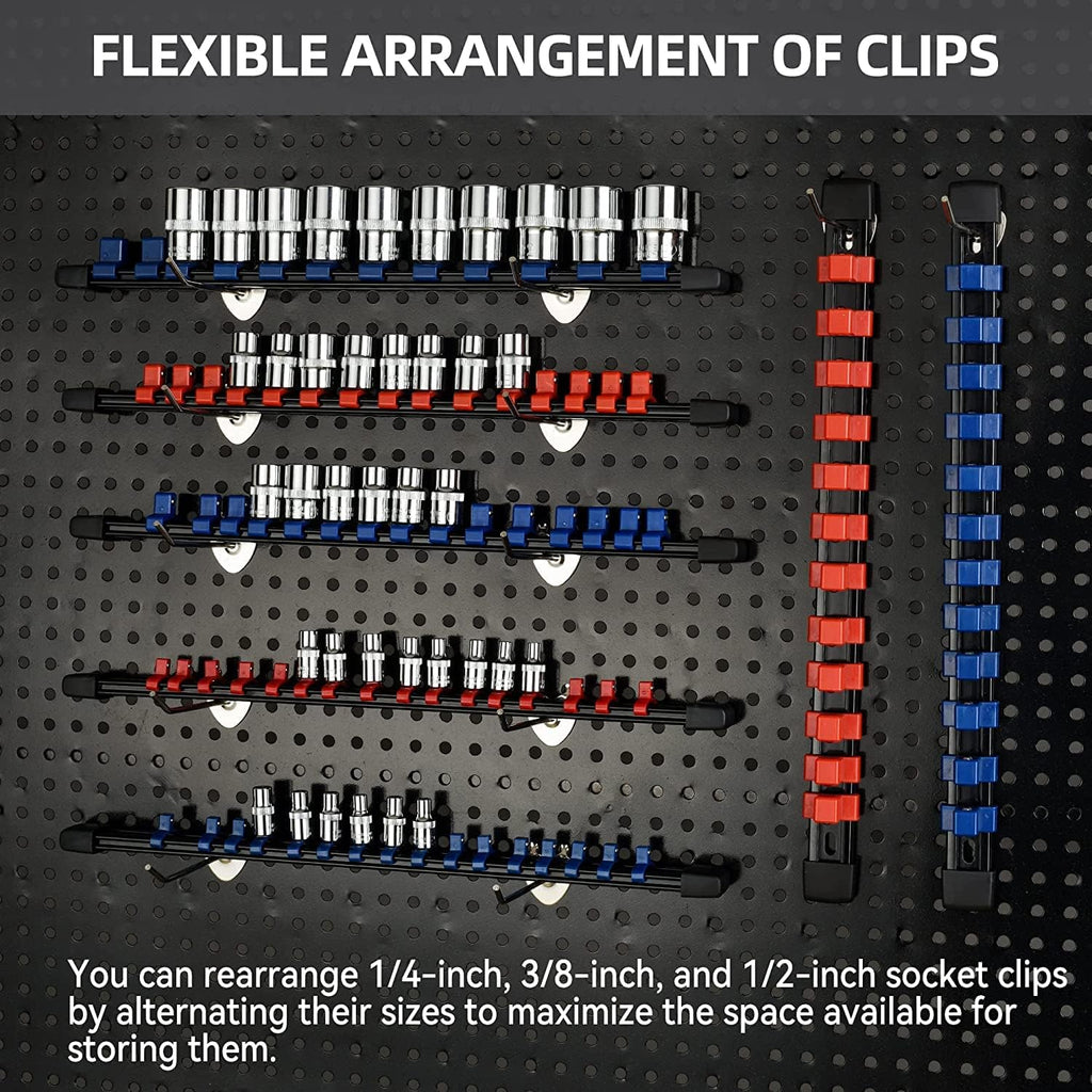 Socket Organizer Drive ABS Tools-Socket Holder, Premium Quality 27 Pieces Socket Holders Kit 1/4-Inch x 144 Clips, 3/8-Inch x 135 Clips, 1/2-Inch x 108 Clips（27PC,Blue&Red&Black)