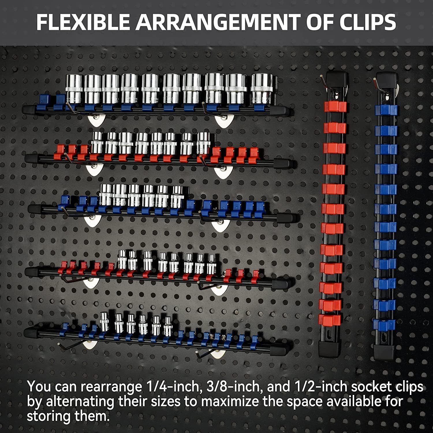Socket Organizer Drive ABS Tools-Socket Holder, Premium Quality 27 Pieces Socket Holders Kit 1/4-Inch x 144 Clips, 3/8-Inch x 135 Clips, 1/2-Inch x 108 Clips（27PC,Blue&Red&Black)