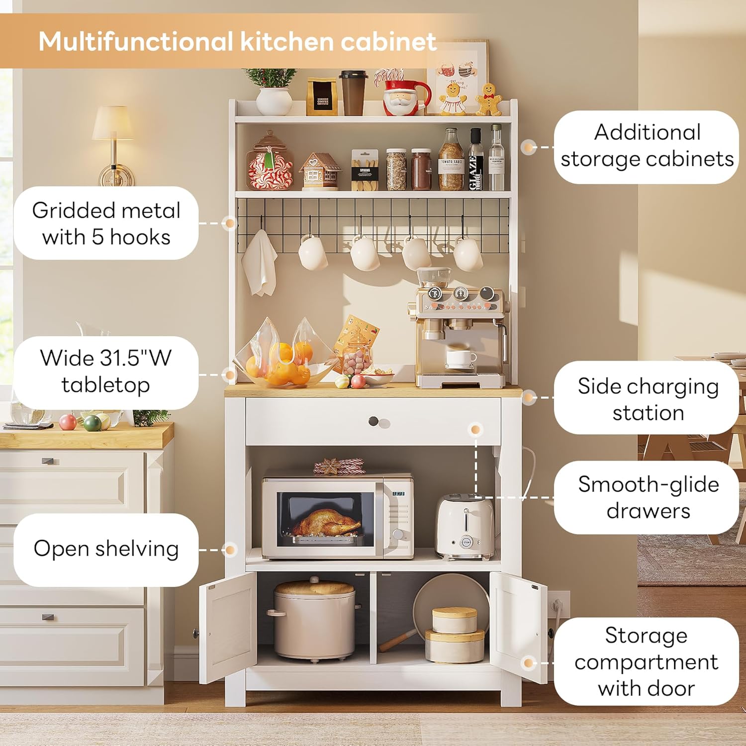 LIKIMIO Baker Rack with Spill-Safe Power Outlet & Drawer, Coffee Bar Cabinet with Storage, Farmhouse Microwave Stand with Hutch and 5 Hooks for Kitchen, White