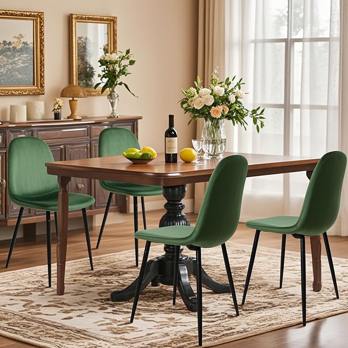 CangLong Modern Velvet Chairs with Metal Legs for Living, Bedroom, Restaurant, Dining Room, Set of 4, Dark Green