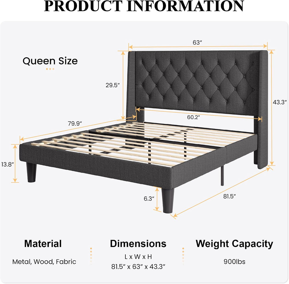 SHA CERLIN Queen Upholstered Bed Frame, Button Tufted Design, Dark Grey
