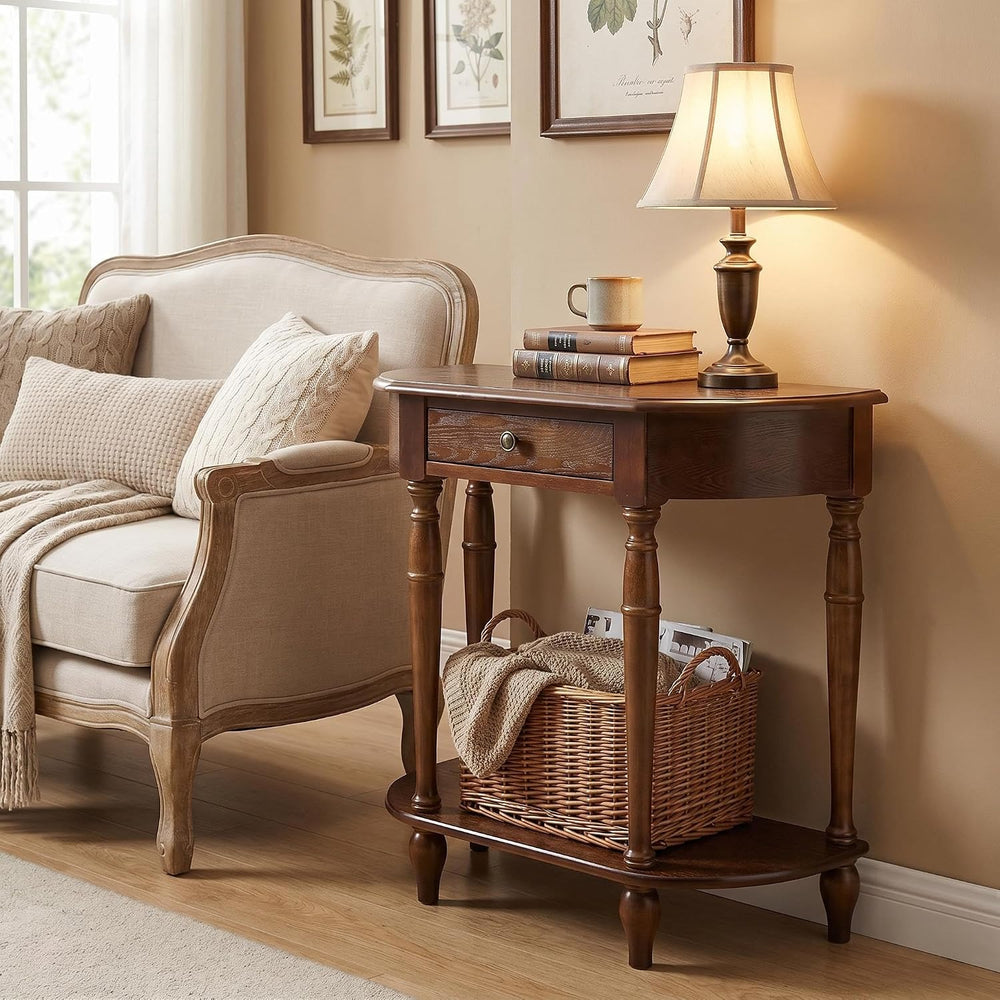 Solid Wood Console Table with Drawer, Half-Moon Porch Table Side Elegant Vint...