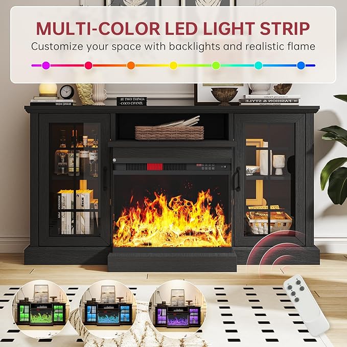 oneinmil 59'' Fireplace TV Stand with 3-Sided Glass, TV Cabinet for TVs up to 65", Modern Media Entertainment Center with Farmhouse Glass Door Storage Cabinets for Living Room, Black