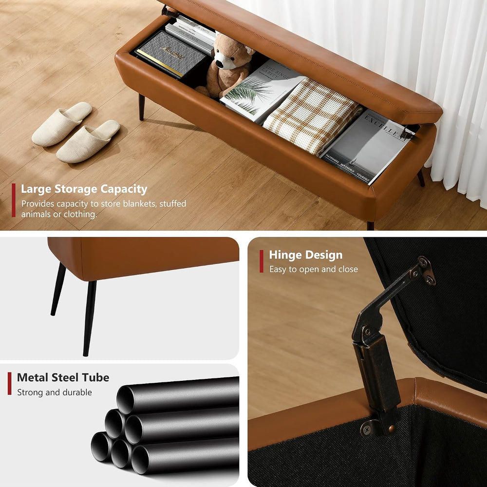 kinmars Leather Storage Ottoman Bench, End of Bed Bench with Steel Legs | Bro...