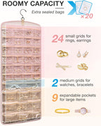 BAGSMART Hanging Jewelry Organizer, Necklace Holder Anti-tangle Earrings Rings Hanger with 20 Jewelry Bags Travel Storage Roll with Pockets Hang on Closet, Wall, Door,1 Piece, Large Pink