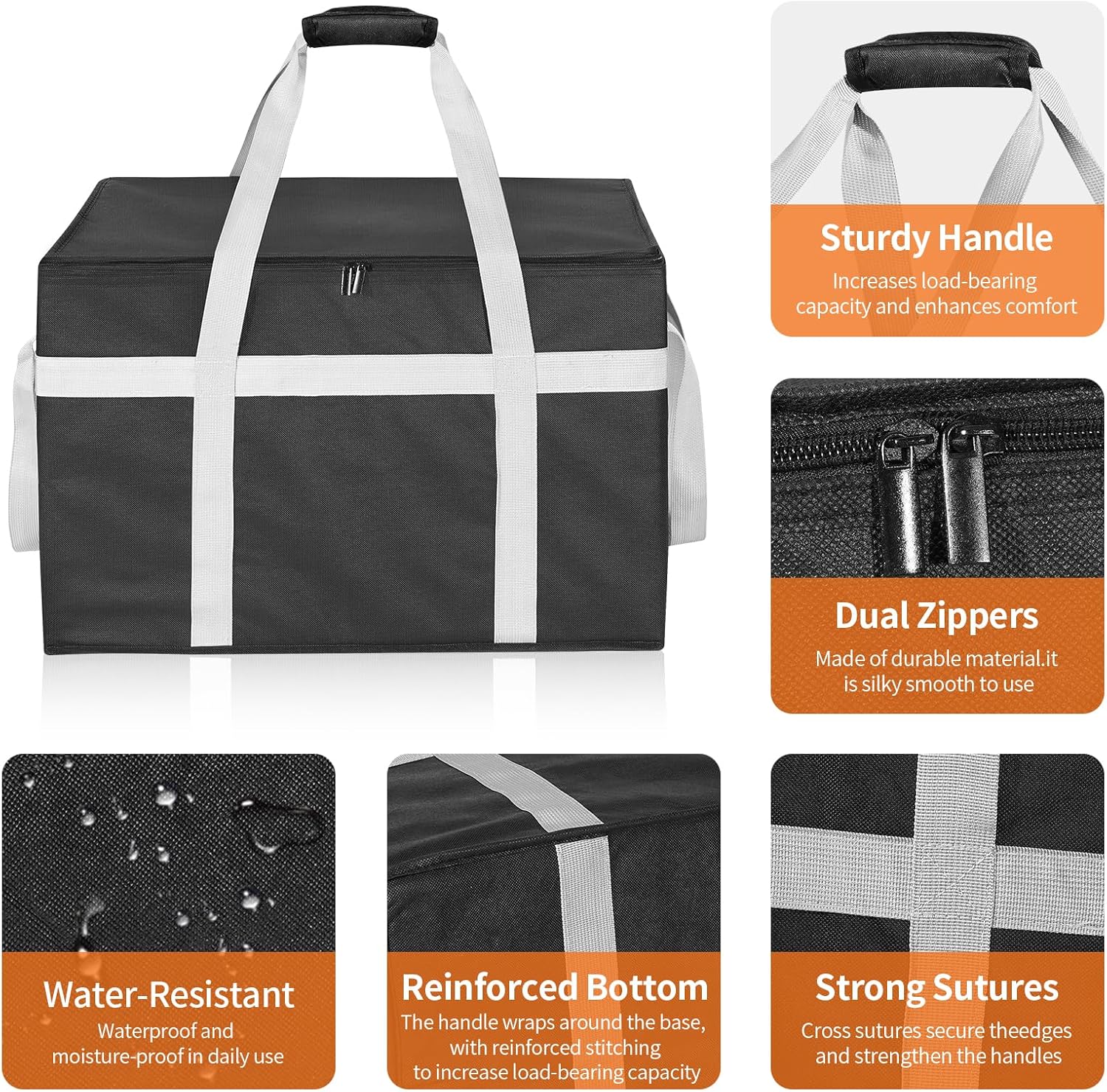 XXXL 2 Pack Insulated Food Delivery Bag with Removable Hard Bottom, Reusable Insulated Grocery Bag for Hot and Cold Food, Catering Cooler for Doordash,Warmers, Parties (Black)
