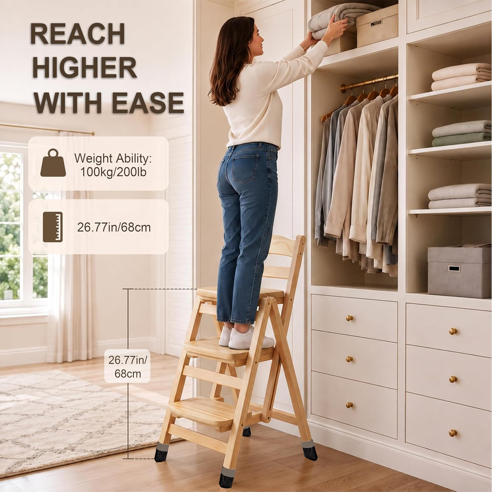 Folding Bar Stool, 3 Step Portable Adults Solid Wood Ladder Stool, Wood