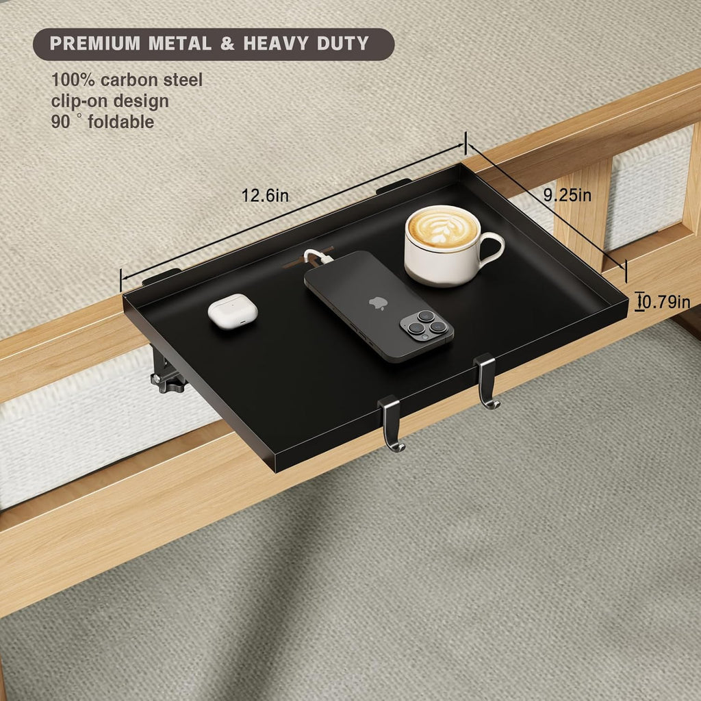Bedside Shelf Foldable, Metal Clip-On Bunk Bed Table Shelf for Top Bunk Heavy Duty Bed Side Table Tray for College Dorm Room Essentials, Loft Nightstand Organizer Tray with 1 Cord Hole(Black)