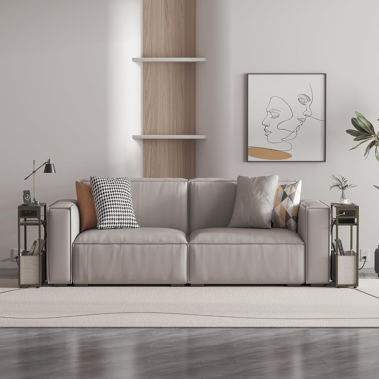 Leomonio Green Side Table with Charging Station, Slim End Tables with Linen Basket, Skinny Table for Small Spaces, Thin Bedside Table for Living Room, Bedroom