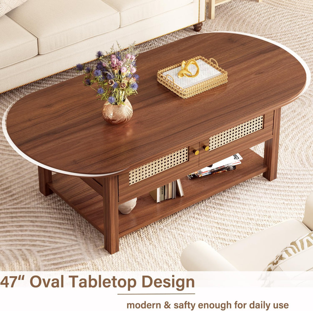 LVB Oval Coffee Table, 47" Rattan Boho Wood Living Room Table with Storage