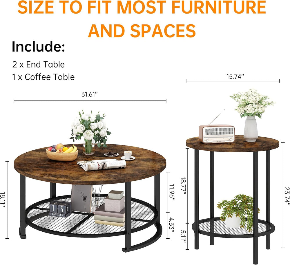 DKLGG 3-Piece Coffee Table and End Table Sets for Living Room, Round Coffee T...
