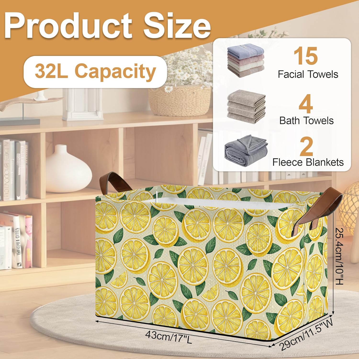 Lemon Storage Bin with Handles, Basket Storage Organizer for Shelves, Closet, Nursery, Book, Laundry Hamper & Home Decor