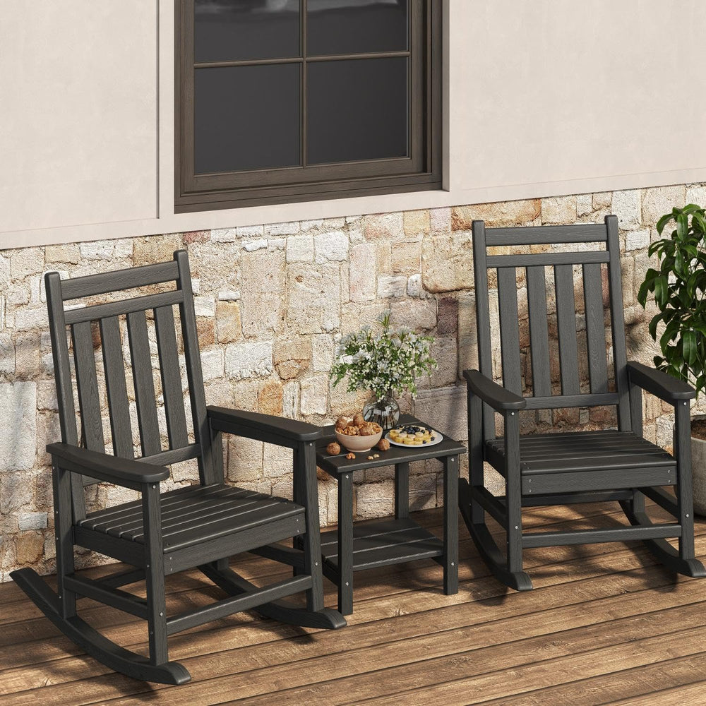 HDPE Rocking Chair Outdoor Set of 2 with Side Table, High Back Rocker | All W...